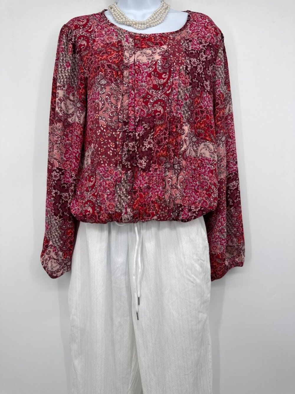 Counterparts Boho Patchwork Crepe Blouse Pink Magenta Floral Smocked Top Large